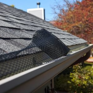 Roll,Of,Plastic,Mesh,Guard,Over,Gutter,On,A,Roof